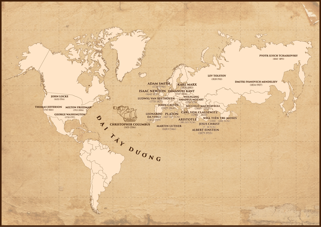 World map showing the great thinkers and philosophers across Eastern and Western civilizations